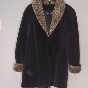 Leopard Trim Black Women's Coat